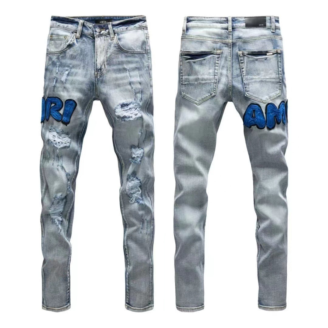 Luxury California Light-Wash Destroyed Denim with Cobalt Blue Letter Applique