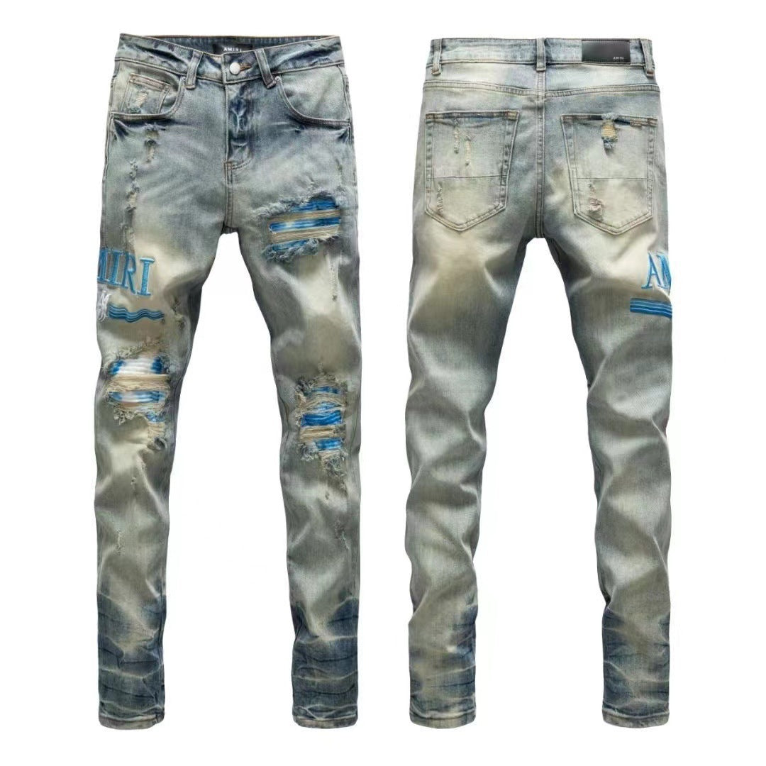 Luxury Wasteland Mid-Blue Destroyed Denim with Sky Blue Leather Letter Applique