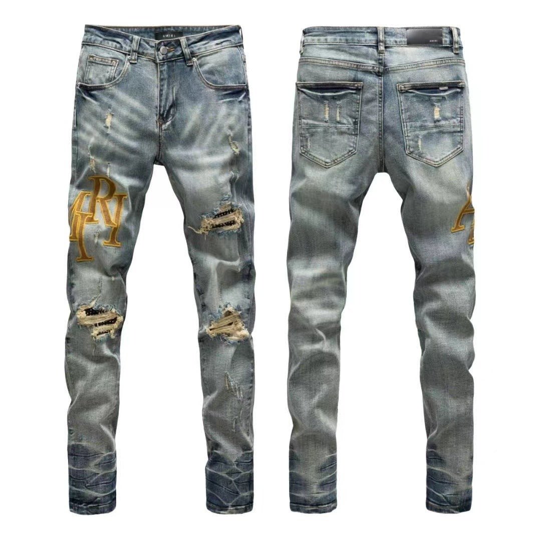 Luxury Wasteland Mid-Blue Destroyed Denim with Caramel Brown Leather Letter Applique