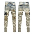 Luxury Wasteland Mid-Blue Destroyed Denim with Pitch Black Leather Letter Applique