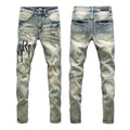 Luxury Wasteland Mid-Blue Destroyed Denim with Monochrome Letter Applique