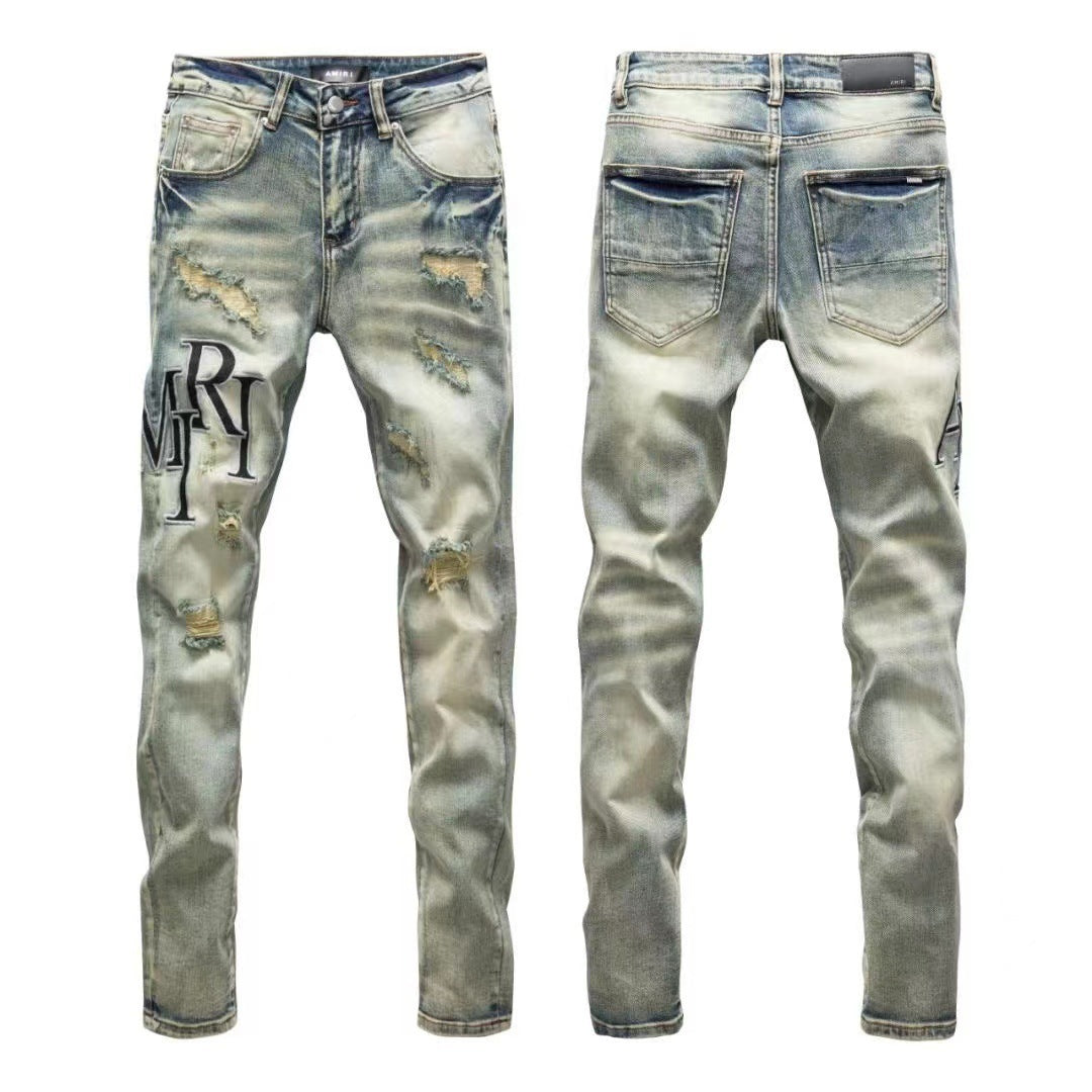 Luxury Wasteland Mid-Blue Destroyed Denim with Monochrome Letter Applique