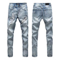 Luxury All-Over Thunder Strike Bleached Denim with Monochrome Script Letter Applique