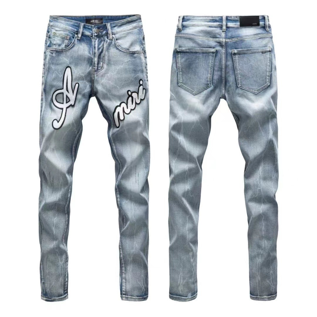 Luxury All-Over Thunder Strike Bleached Denim with Monochrome Script Letter Applique