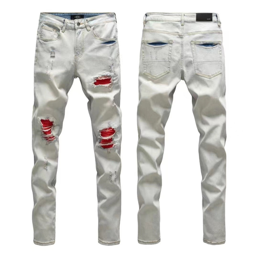 Luxury High-Street Artisanal Paint Splatter Mid-Blue Bootcut Denim