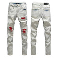 Luxury High-Street Artisanal Paint Splatter Mid-Blue Bootcut Denim