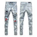 Luxury High-Street Heavy Destroyed Denim with Red Pleated Accordion Patch