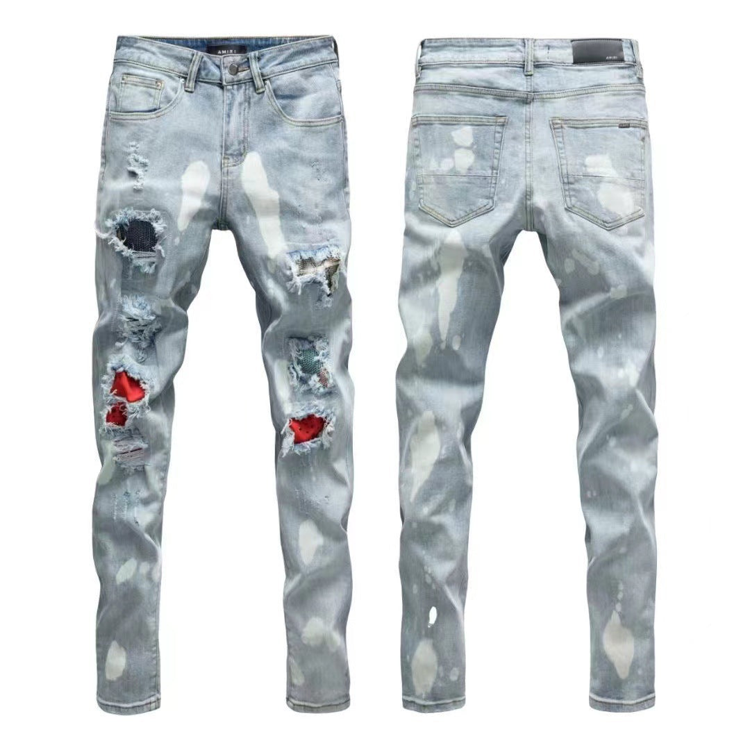 Luxury High-Street Heavy Destroyed Denim with Red Pleated Accordion Patch