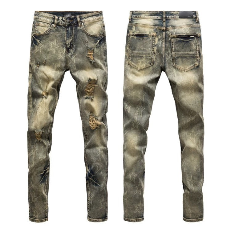 Luxury Wasteland Heavy Destroyed Denim with Etched Stars & Tan Underlay Patch
