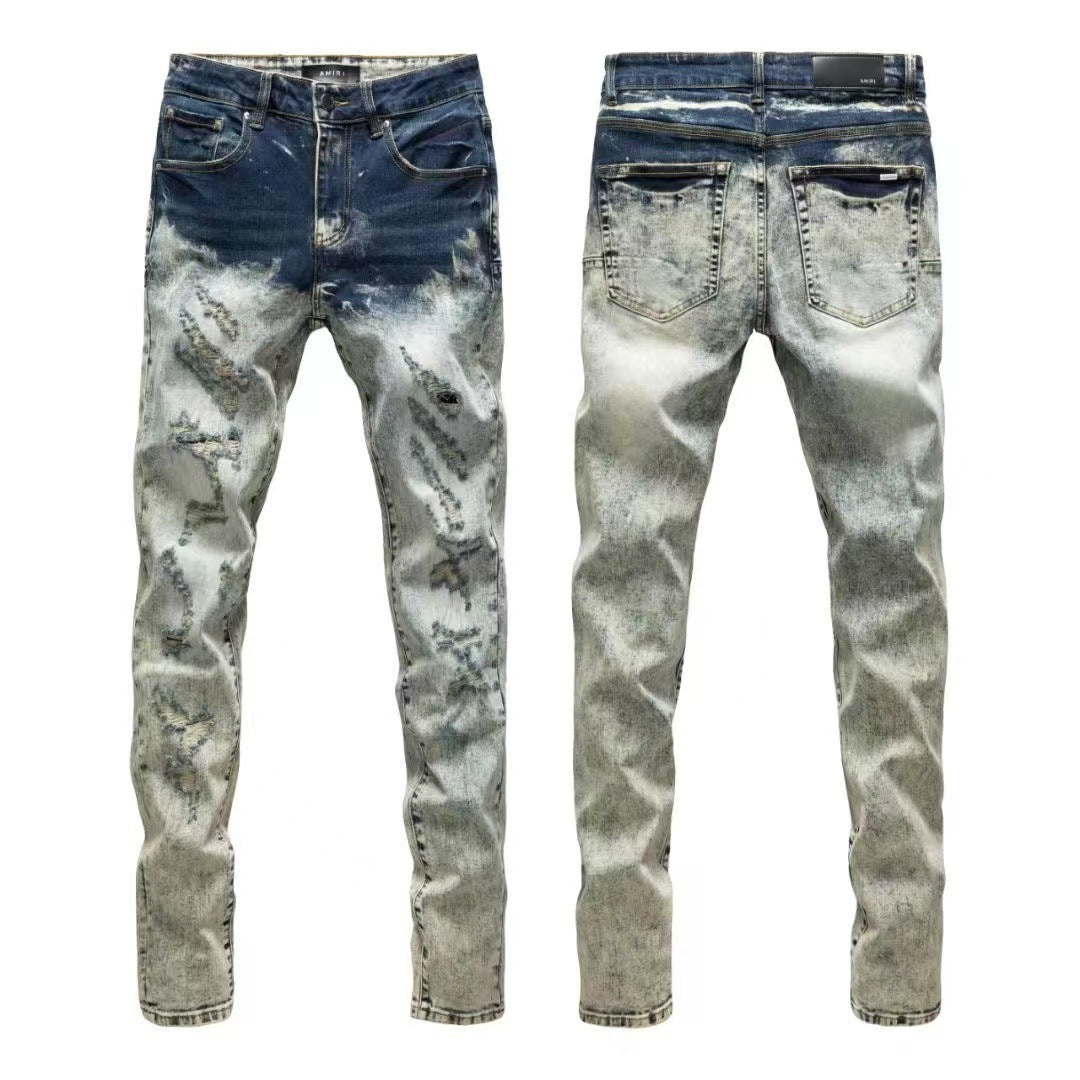 Luxury High-Street Half-Bleached Tapered Denim with All-Over Shredded Rips