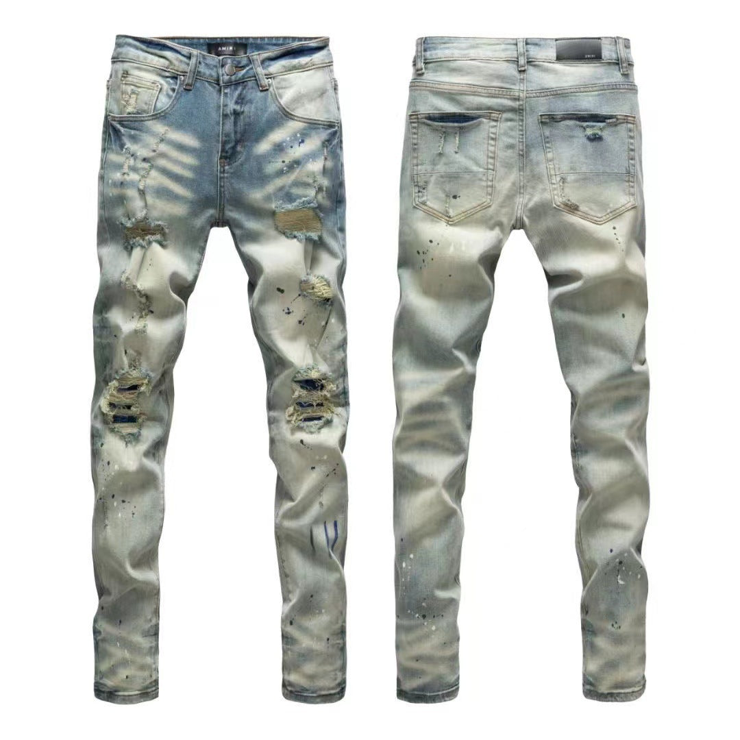Luxury High-Street Heavy Destroyed Denim with Dense White Weft Thread Slats