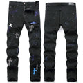 Luxury Gothic Rocker Heavy Destroyed Denim with Crystal Star-Dust Cross Applique