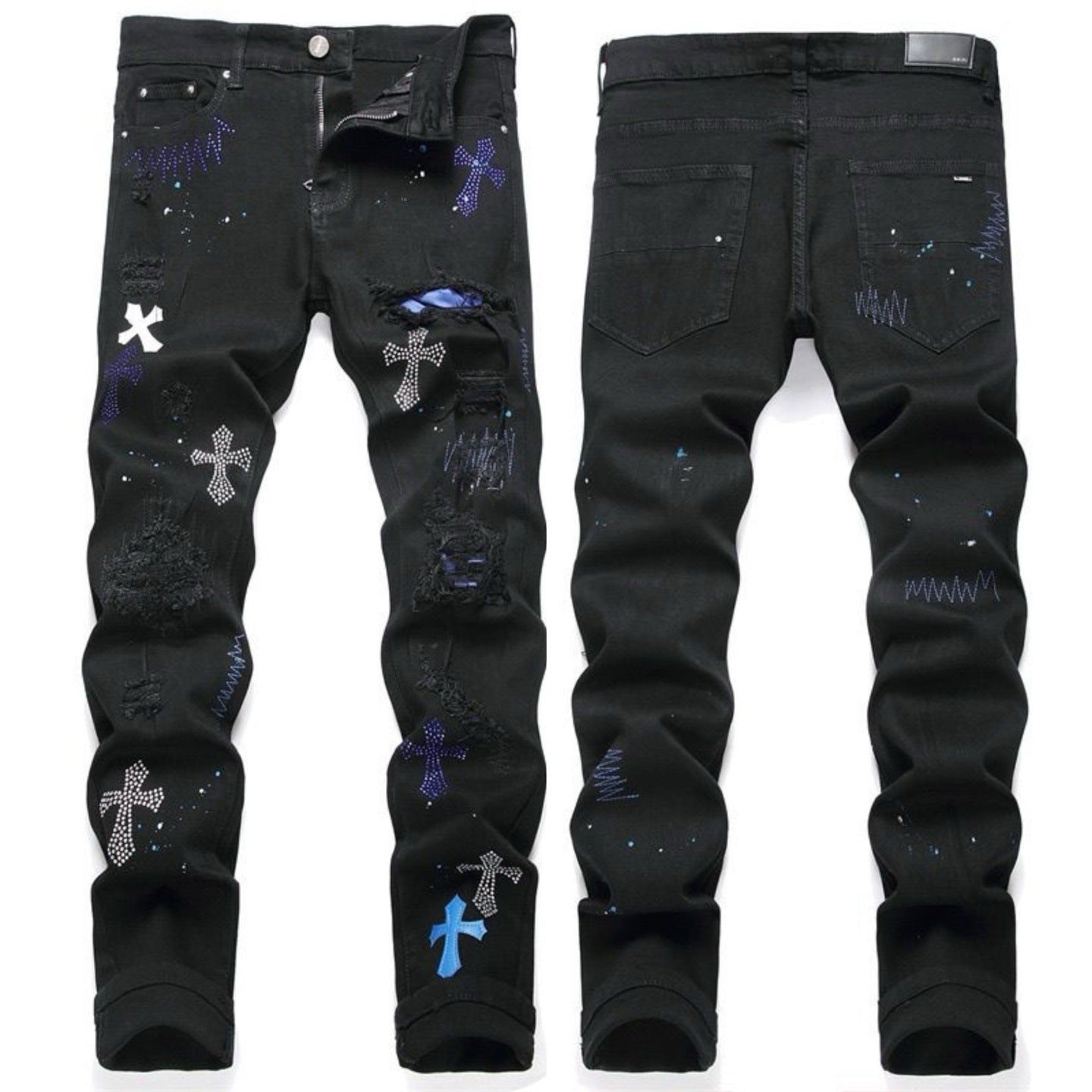 Luxury Gothic Rocker Heavy Destroyed Denim with Crystal Star-Dust Cross Applique