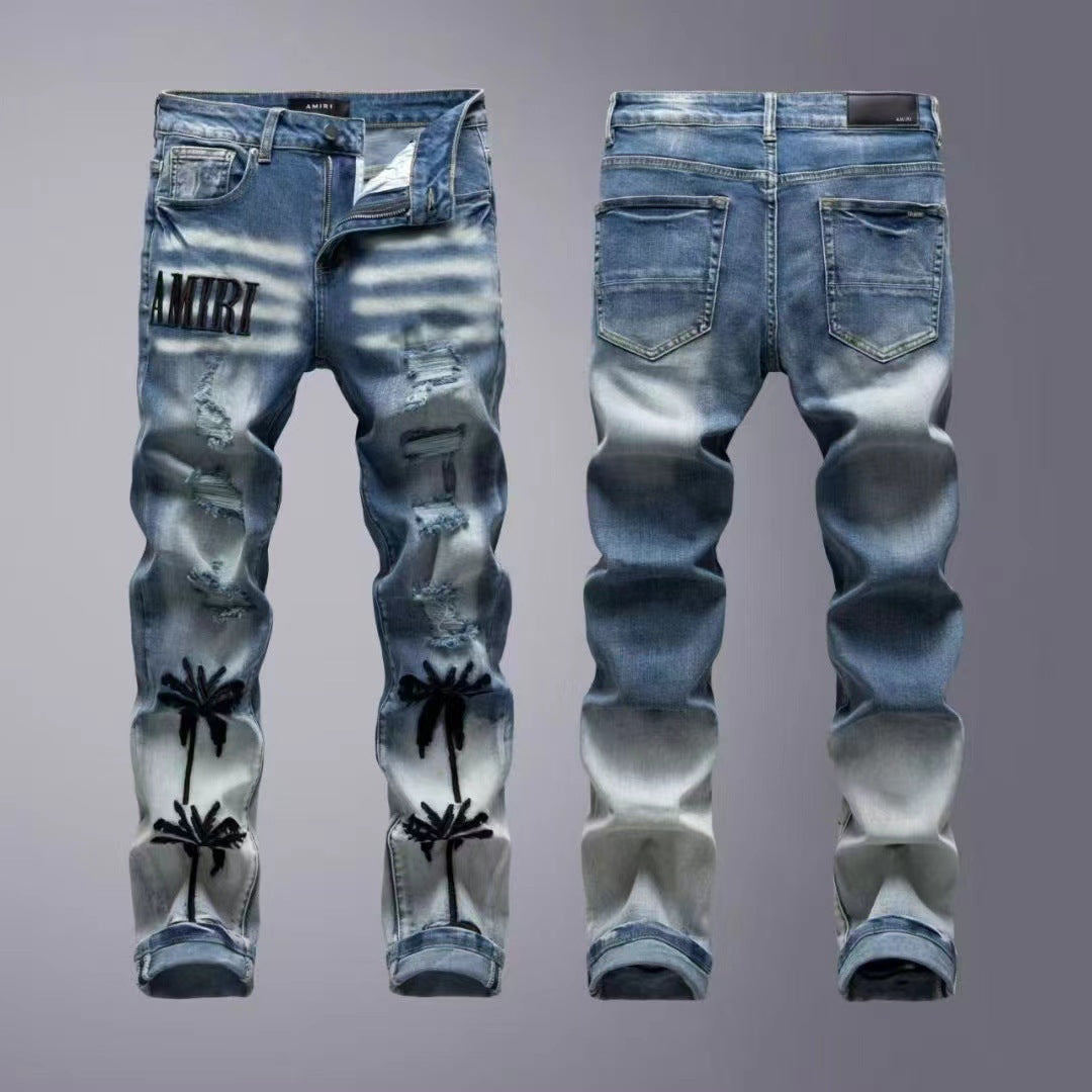 Luxury High-Street Half-Bleached Charcoal Denim with Red Patent MIRI Lettering