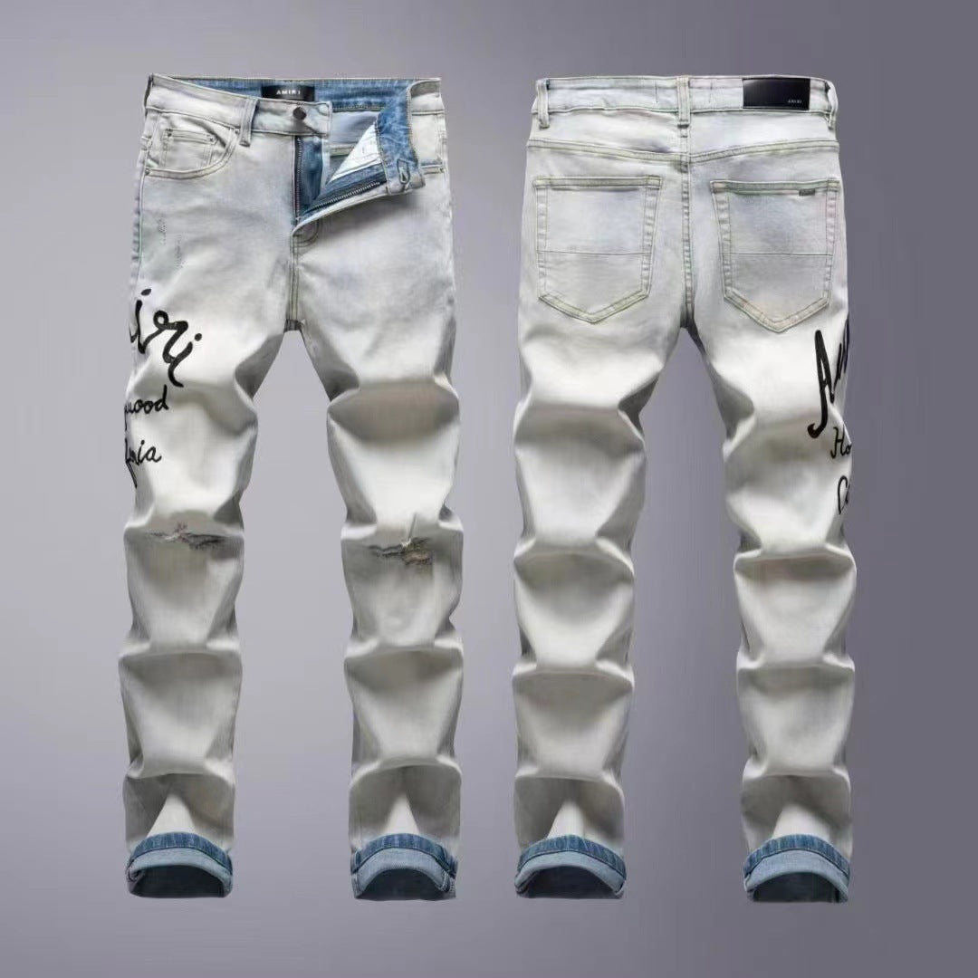 Luxury West-Coast Indigo Wash Denim with Handwritten Poem Text Applique