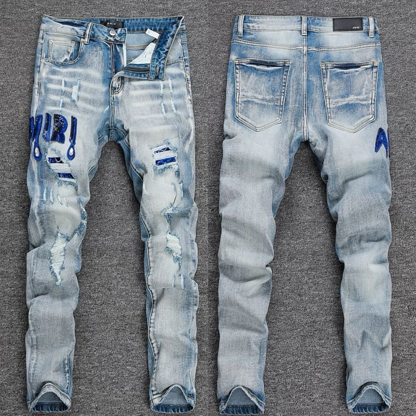 Luxury West-Coast Indigo Wash Denim with Mixed-Media Collage Patches