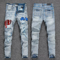 Men's Light Blue Destroyed Jeans with Fire Red Cursive Logo Applique