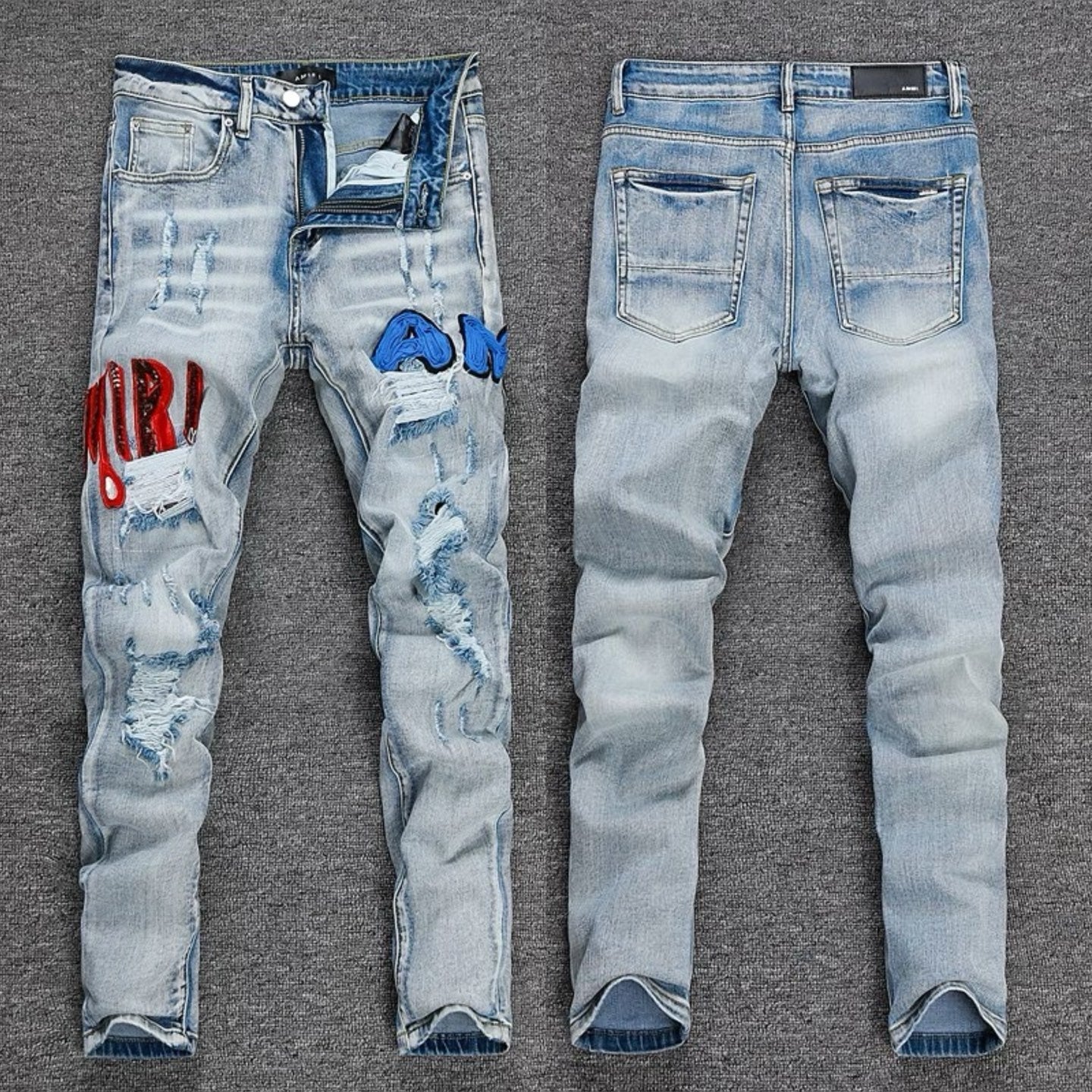 Men's Light Blue Destroyed Jeans with Fire Red Cursive Logo Applique