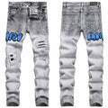 Luxury West-Coast Distressed Denim with 3D Bubble Blue Applique Lettering