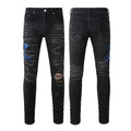 Men's Charcoal Black Slim Jeans with Heavy Multi-Color Abstract Paint Splatter