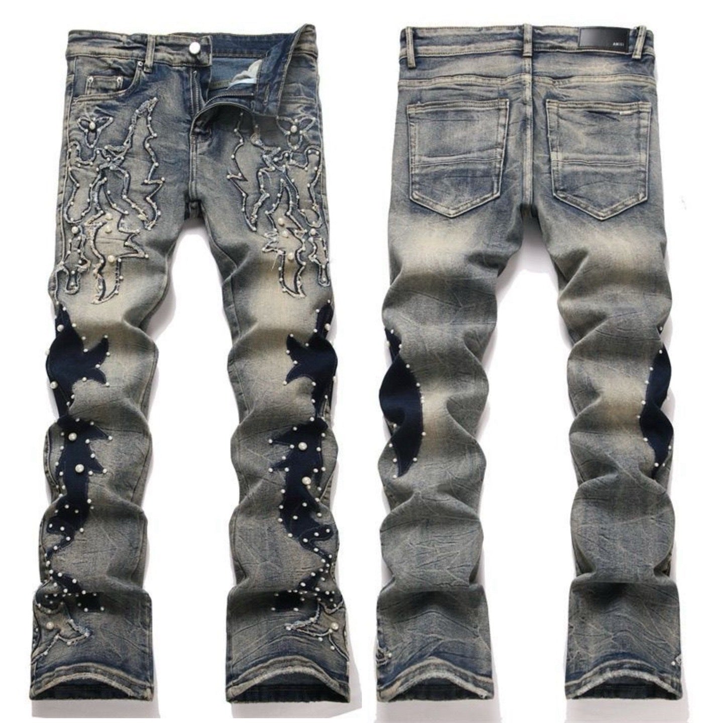 Luxury Rockstar Bootcut Denim with Heavy Metal Studded Gothic Wings Embroidery