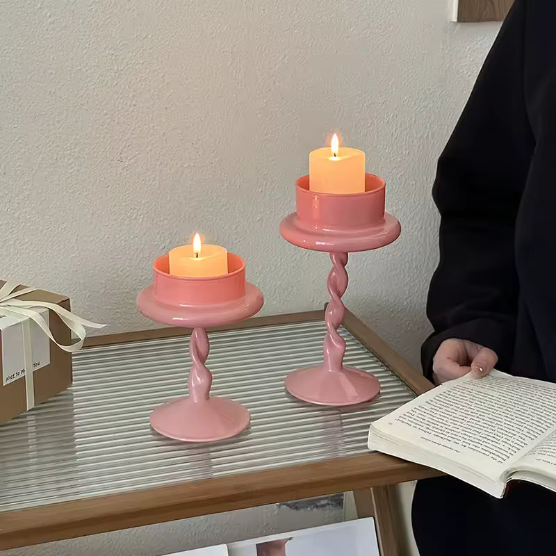 Pink Twisted Glass Candle Holder